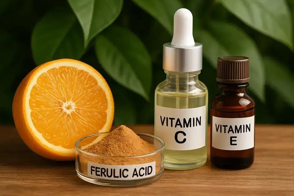Como combinar antioxidantes vitamina C E ferúlico para potencializar sua pele